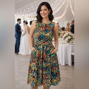 Ellen Tracy Multicolor Fit & Flare Dress Size 6 Sleeveless Pocket Dress